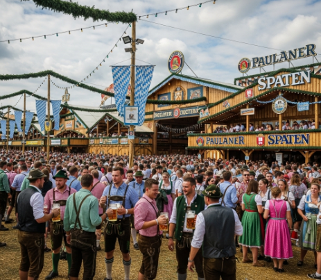 9월의 따스한 햇살 아래 옥토버페스트를 즐기는 사람들. 하지만 저녁이 되면 겉옷이 필요합니다.