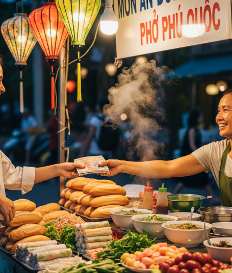 푸꾸옥의 활기찬 야시장 풍경. 친절한 상인들에게 작은 팁은 긍정적인 인상을 남길 수 있습니다.