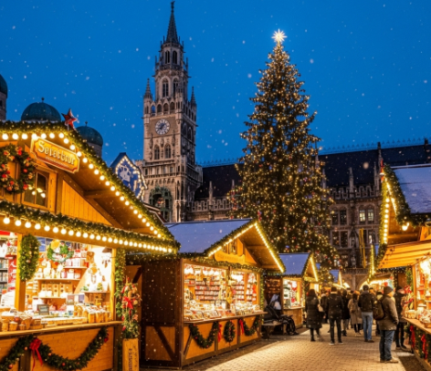 화려한 불빛으로 가득한 12월 뮌헨의 크리스마스 마켓 풍경.
