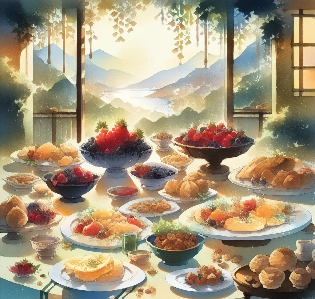 노화 방지와 텔로미어 단축 억제를 위한 궁극의 항산화 이너뷰티 하루 복용 루틴 - 신선한 지중해식 식재료와 항산화 성분이 풍부한 베리류, 견과류가 예술적으로 배치된 우아한 브런치 테이블