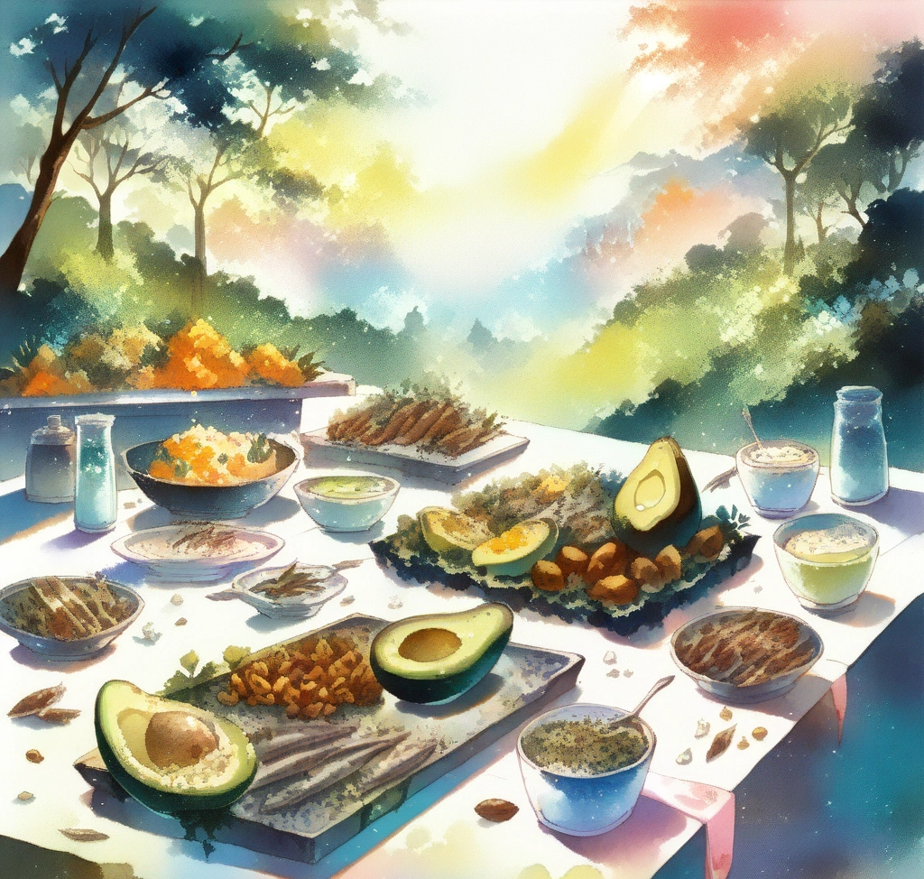 골다공증 예방과 근육 이완을 완벽하게 잡는 칼마디 하루 복용 루틴 설계 - 신선한 아보카도, 구운 견과류, 요거트와 멸치가 어우러진 우아한 웰니스 브런치 테이블