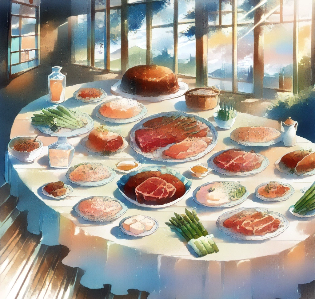 A gourmet table spread featuring premium red meat, dairy products, and fresh asparagus to highlight natural carnitine sources 지방산을 미토콘드리아로 운반하는 L 카르니틴의 체지방 연소 생화학적 기전 - A gourmet table spread featuring premium red meat, dairy products, and fresh asparagus to highlight natural carnitine sources