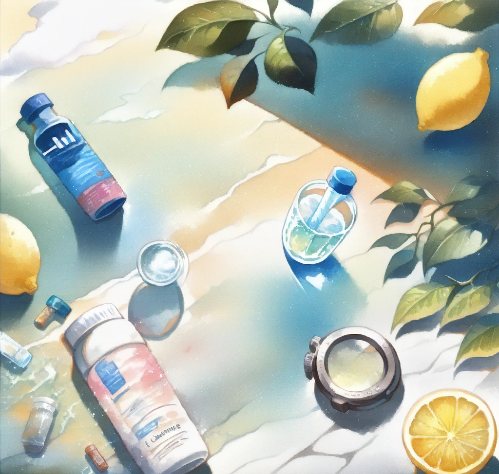 A high-end lifestyle flat lay featuring a sleek L-carnitine supplement bottle, a glass of lemon water, and a running watch on a marble surface 지방산을 미토콘드리아로 운반하는 L 카르니틴의 체지방 연소 생화학적 기전 - A high-end lifestyle flat lay featuring a sleek L-carnitine supplement bottle, a glass of lemon water, and a running watch on a marble surface