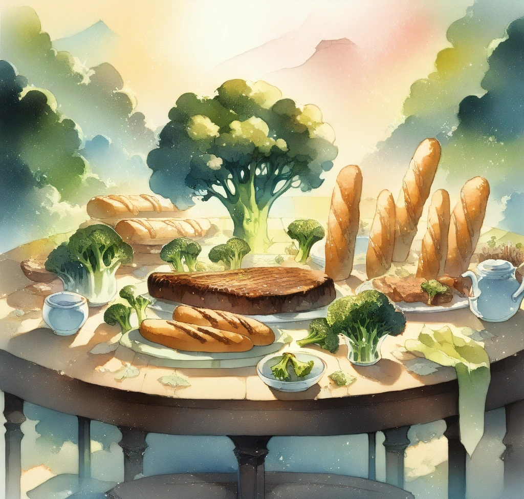 신선한 브로콜리, 통곡물 바게트, 구운 소고기가 어우러진 감각적인 웰니스 테이블 세팅 탄수화물 대사에 필수적인 미량 미네랄 크롬 부족 시 나타나는 단것 중독 현상 - 신선한 브로콜리, 통곡물 바게트, 구운 소고기가 어우러진 감각적인 웰니스 테이블 세팅