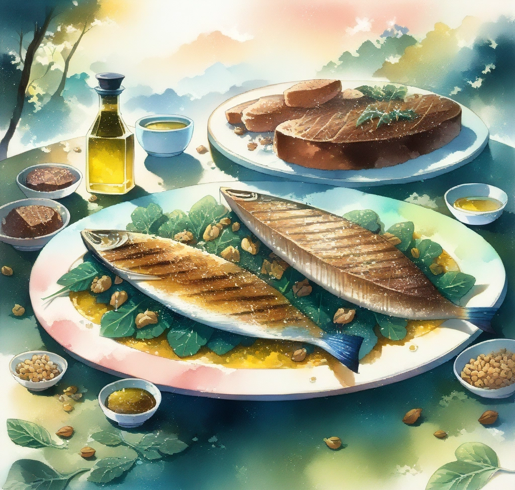 A sophisticated wellness table featuring grilled mackerel, sautéed spinach with olive oil, and premium beef steak garnished with nuts 대사 증후군 3대장 고혈압 당뇨 고지혈증 동시 예방을 위한 코엔자임 Q10 효능 - A sophisticated wellness table featuring grilled mackerel, sautéed spinach with olive oil, and premium beef steak garnished with nuts