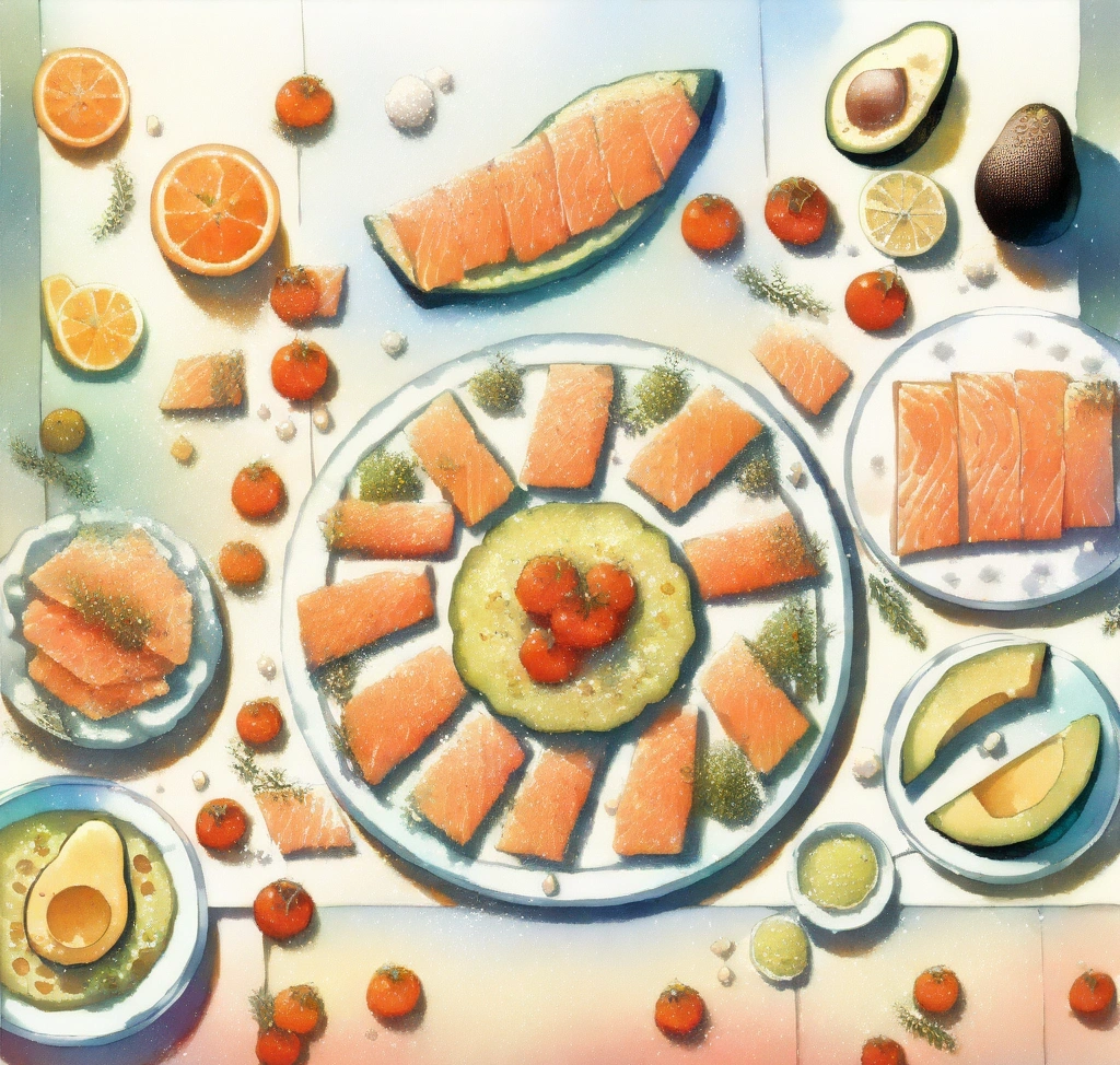 신선한 연어 슬라이스와 아보카도, 그리고 수분감이 넘치는 토마토가 정갈하게 차려진 브런치 테이블 전경 콜라겐 엘라스틴 히알루론산 3중 복합 섭취가 건성 피부 개선에 미치는 폭발적 시너지 - 신선한 연어 슬라이스와 아보카도, 그리고 수분감이 넘치는 토마토가 정갈하게 차려진 브런치 테이블 전경