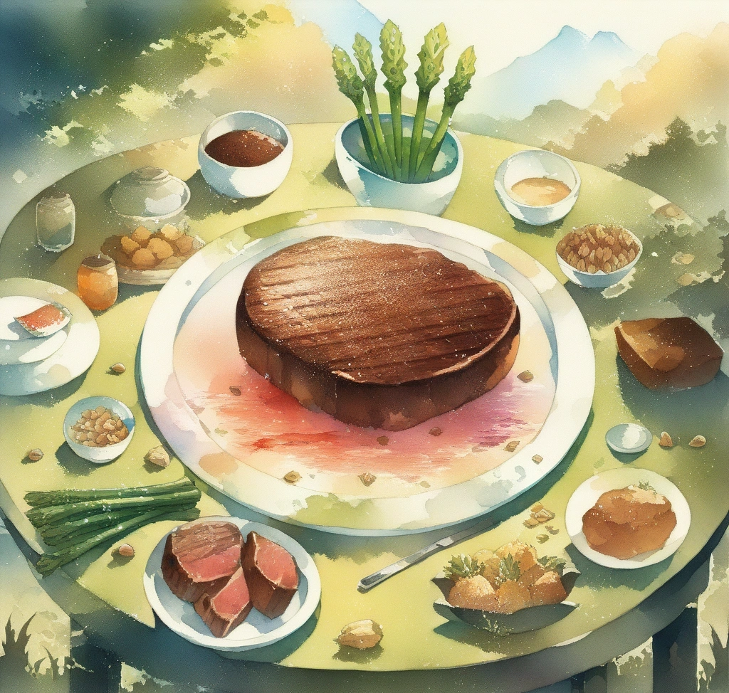 운동 효율 극대화 기초대사량 증진을 위한 L 카르니틴 아르기닌 핵심 작용 원리 - 신선한 소고기 스테이크와 아스파라거스, 견과류가 조화롭게 배치된 고품격 웰니스 테이블 세팅