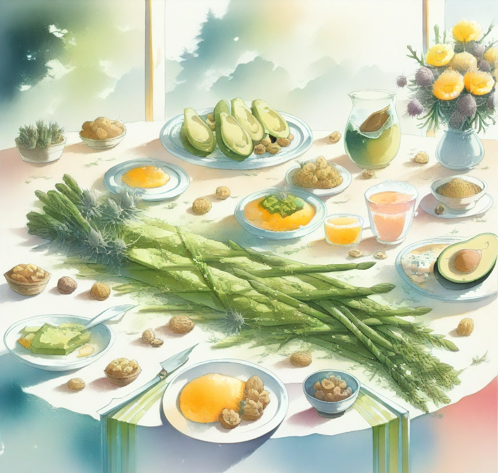 간 수치 저하와 만성 피로 회복을 위한 글루타치온 밀크씨슬 황금 시너지 배합 - 신선한 아스파라거스, 아보카도, 호두, 그리고 밀크씨슬 티가 정갈하게 차려진 우아한 브런치 테이블 전경