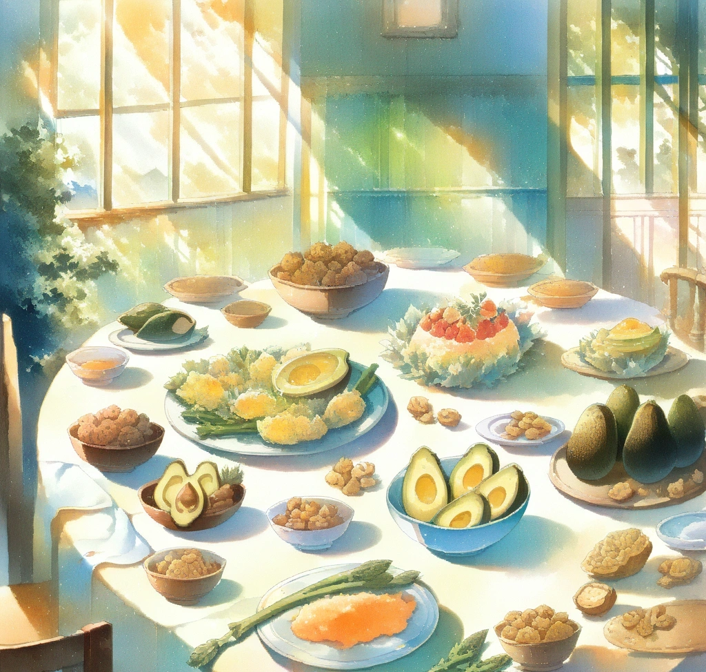 글루타치온 부작용과 임산부 수유부 섭취 금기 및 장기 복용 시 아연 결핍 경고 - 신선한 아스파라거스, 아보카도, 호두가 정갈하게 차려진 우아한 브런치 테이블과 따뜻한 햇살이 비치는 주방 풍경