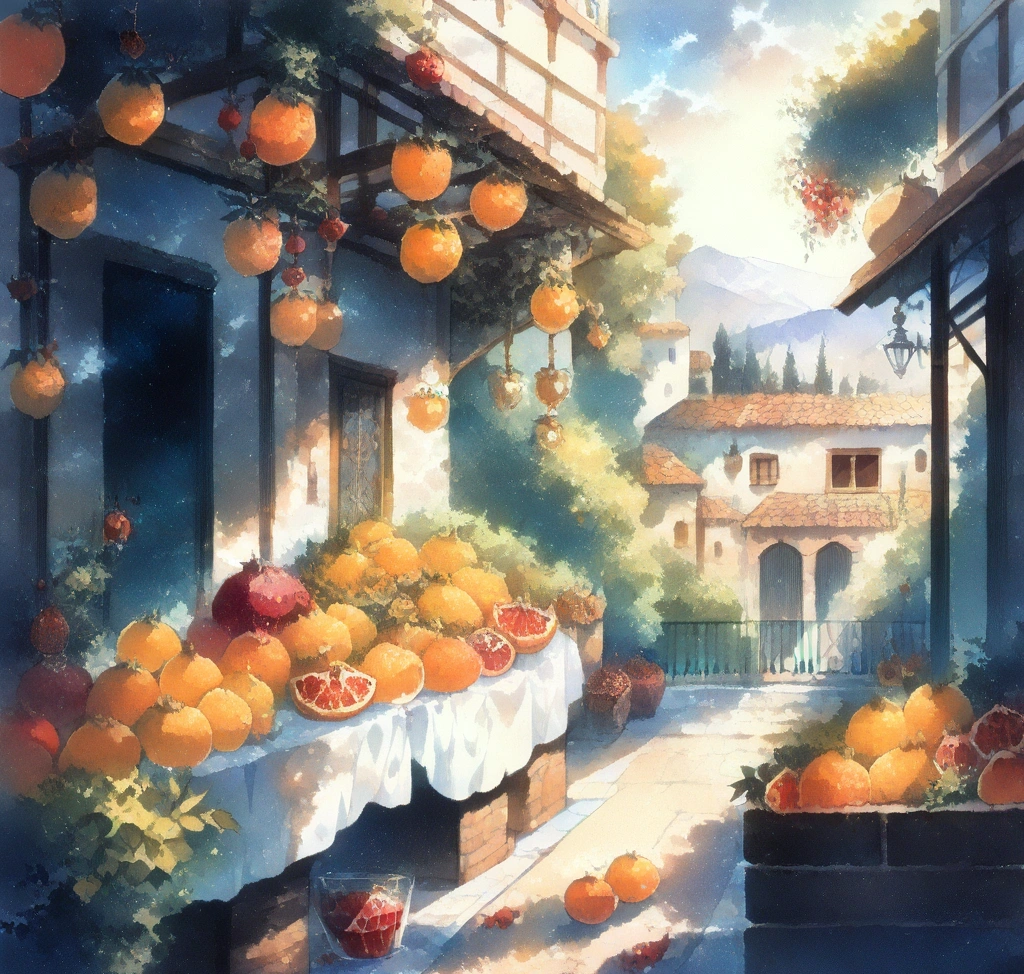 그라나다 6월 7월 8월 날씨와 의류 선택, 필수 준비물, 알함브라 궁전 예약법과 무료 타파스 바 추천 - 그라나다 재래시장에서 발견한 탐스러운 오렌지와 석류, 그리고 차가운 가스파초 한 잔이 놓인 야외 테라스의 여유로운 풍경 ❤️