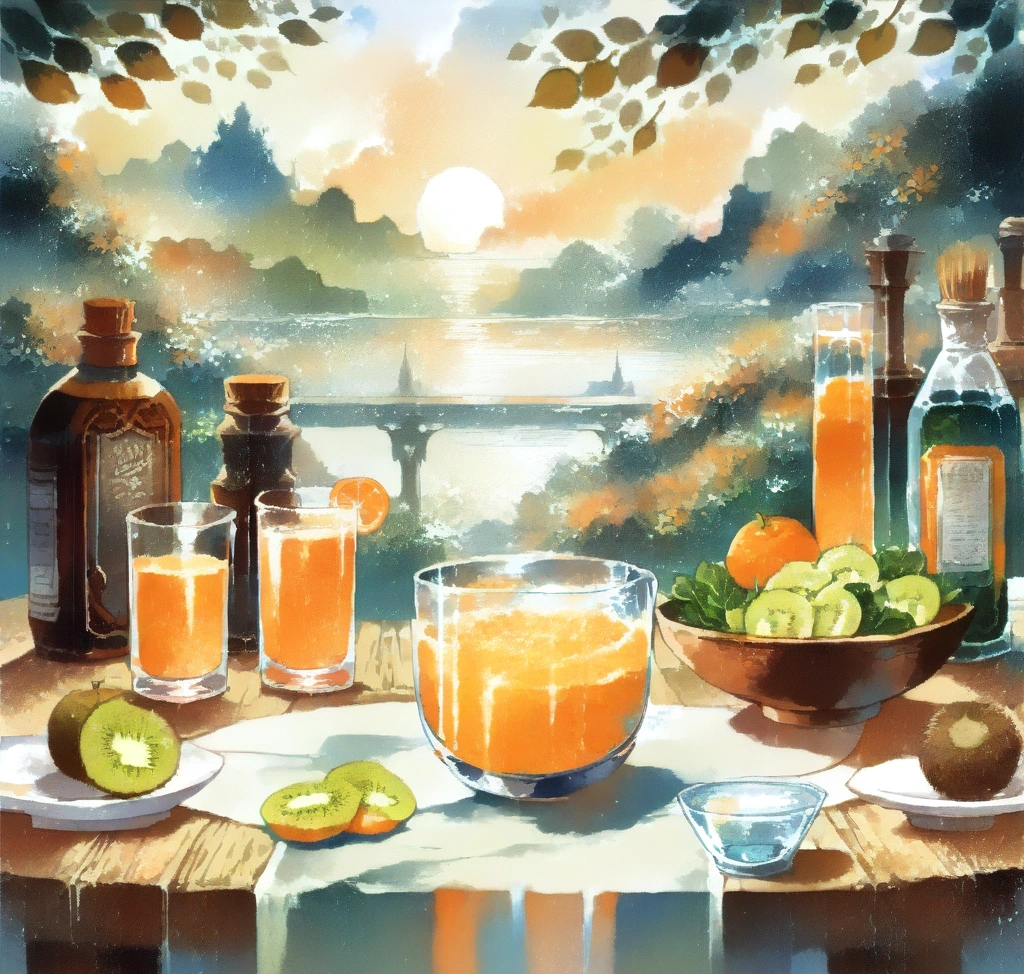 철분제와 비타민 C 동시 복용 시 흡수율 증가를 증명하는 생화학적 데이터 알고리즘 - A vibrant lifestyle photography of a morning wellness table featuring a glass of fresh orange juice, sliced kiwi, and a bowl of spinach salad alongside an elegant iron supplement bottle