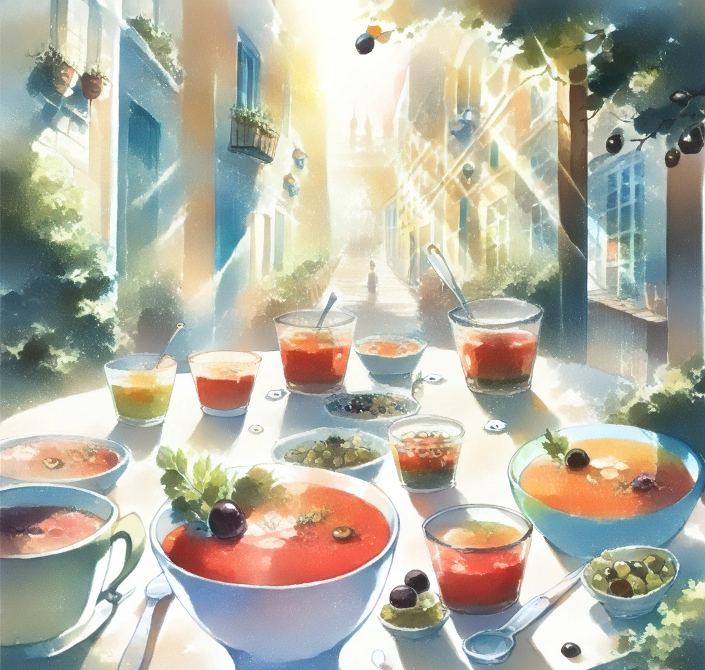 스페인 6월 7월 8월 마드리드 날씨와 여행 의류 선택, 필수 준비물, 프라도 미술관 한국어 오디오 가이드 대여와 마요르 광장 산책 - 마드리드 노천카페에서 시원한 가스파초와 올리브 절임을 즐기는 여행자의 테이블과 따스한 햇살이 비치는 풍경 상세 묘사