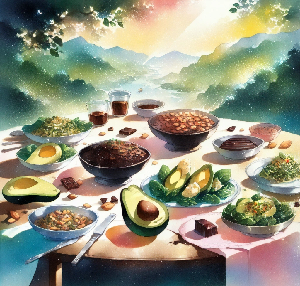 천연 진정제 마그네슘 효능 근육 경련 완화와 수면 질 개선을 위한 핵심 기전 - 신선한 아보카도, 구운 아몬드, 다크 초콜릿, 시금치 샐러드가 조화롭게 차려진 감각적인 브런치 테이블