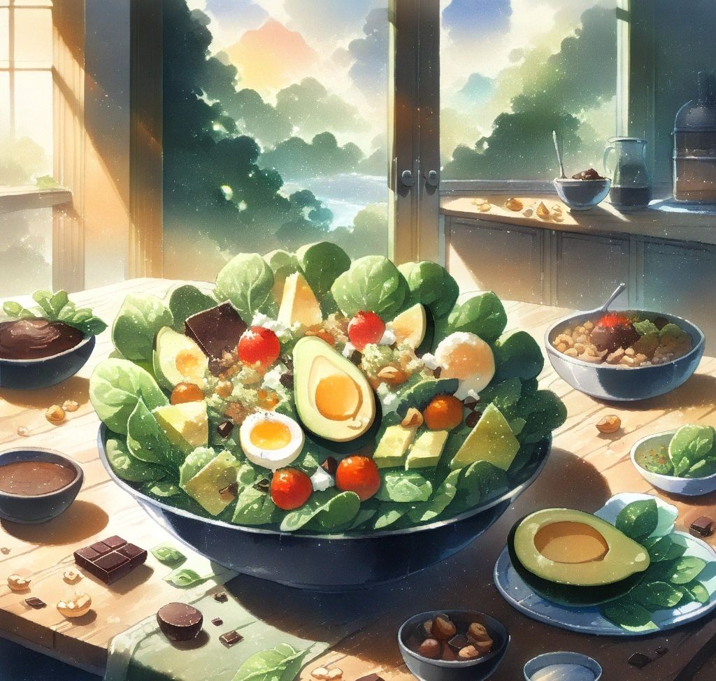 고혈압 환자와 당뇨 환자의 혈관 이완을 돕는 마그네슘 인슐린 저항성 데이터 - 신선한 아보카도, 견과류, 다크 초콜릿, 시금치가 어우러진 고급스러운 웰니스 샐러드와 마그네슘이 풍부한 식재료들이 감각적으로 배치된 주방 테이블 풍경