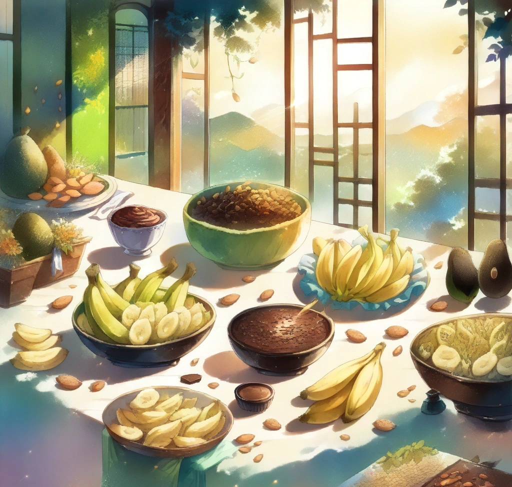 불면증 해결을 위한 마그네슘 수면 유도 골든타임 취침 1시간 전 복용 알고리즘 - 아몬드, 바나나, 아보카도, 다크 초콜릿이 감각적으로 배치된 따뜻한 조명의 힐링 푸드 테이블 세팅