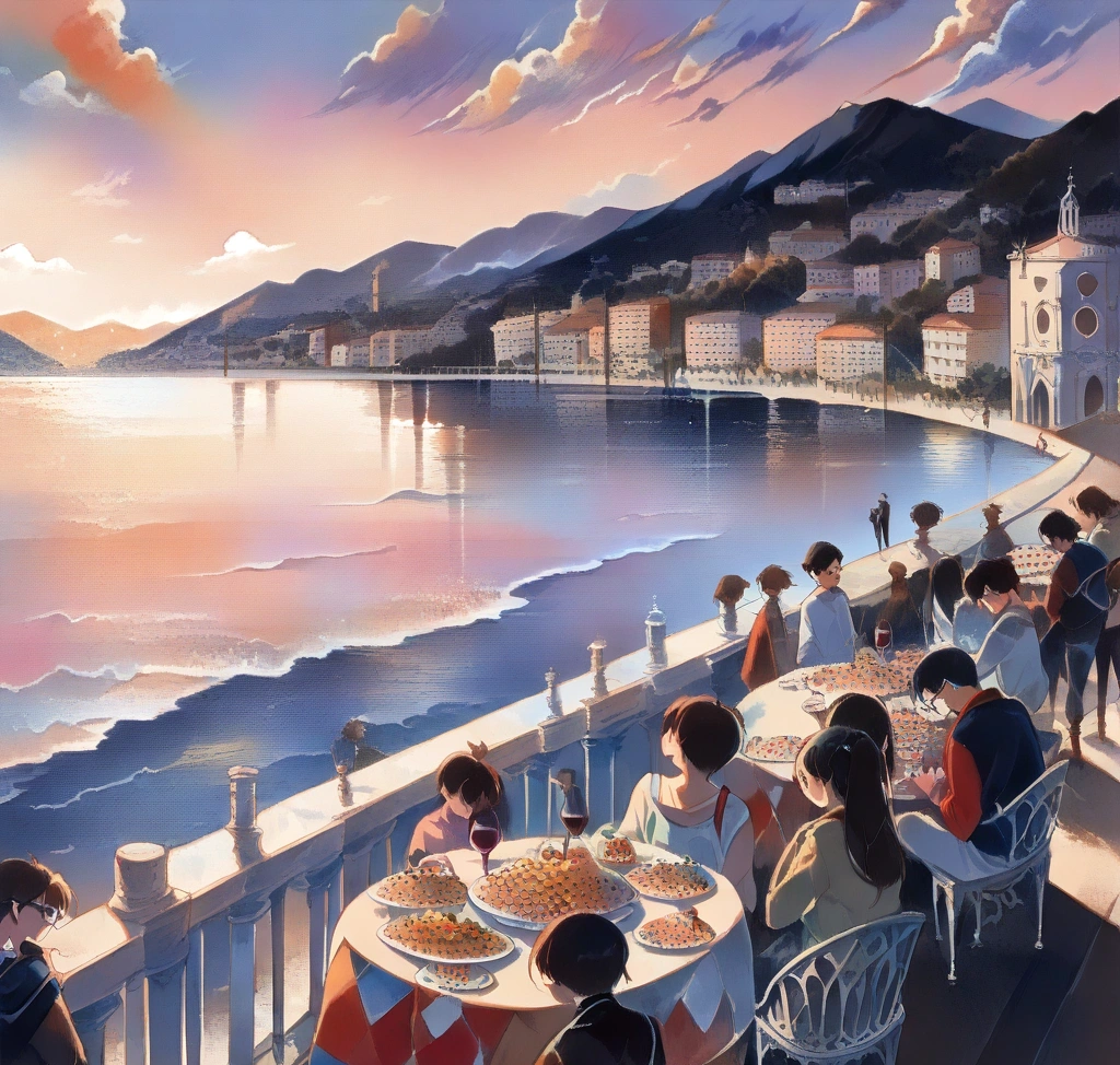 산세바스티안 6월 7월 8월 날씨와 여행 옷차림, 필수 준비물, 라 콘차 해변 해수욕 팁과 핀초스 바 투어 골목 지도 - 노을이 지는 스페인 산세바스티안의 전경과 라 콘차 해변의 흰 난간을 따라 산책하는 사람들의 평화로운 모습 그리고 테이블 위에 놓인 화려한 핀초스 요리와 차콜리 와인 잔