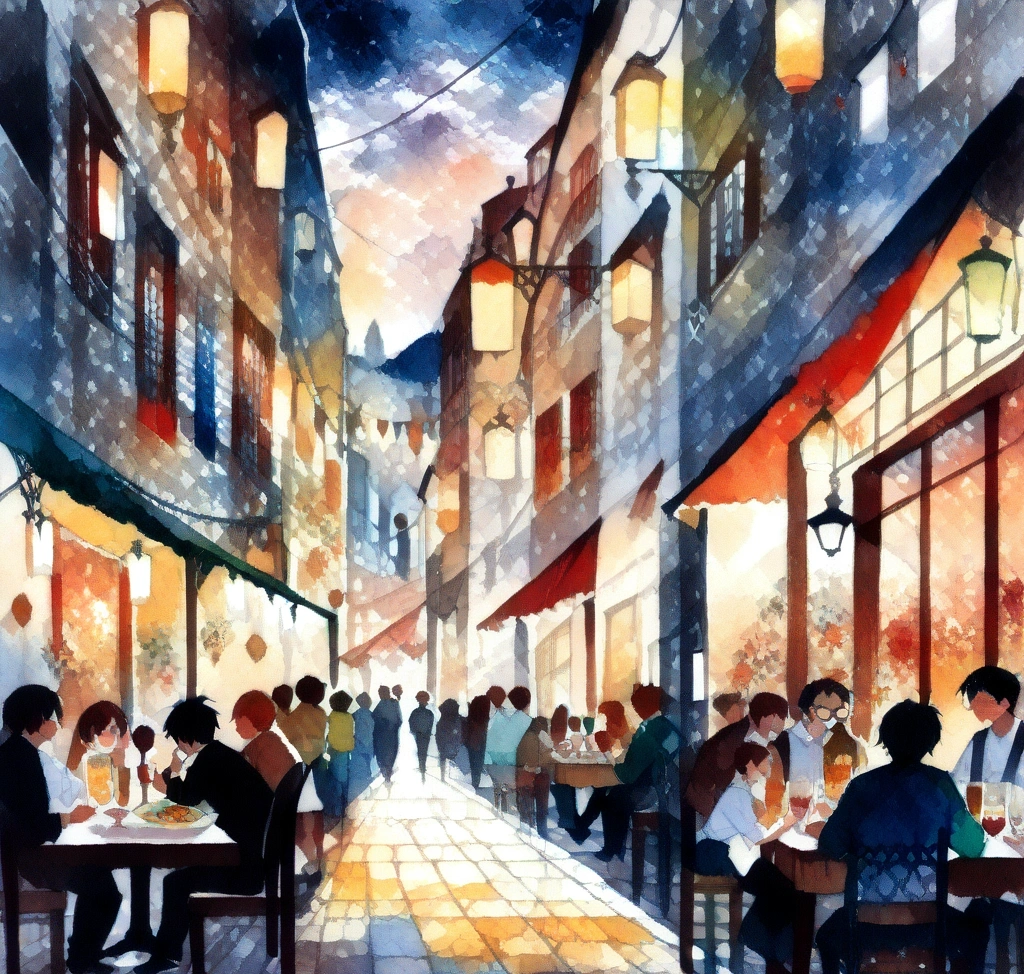 산세바스티안 6월 7월 8월 날씨와 여행 옷차림, 필수 준비물, 라 콘차 해변 해수욕 팁과 핀초스 바 투어 골목 지도 - 산세바스티안 구시가지의 좁고 고풍스러운 돌길 양옆으로 전등이 켜진 핀초스 바들이 즐비하고 사람들이 야외 테이블에서 와인 잔을 들고 활기차게 담소를 나누는 저녁 풍경