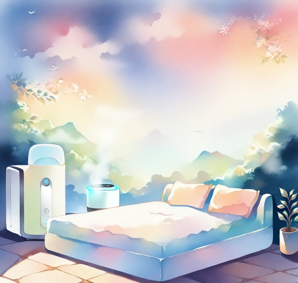 Smart bedroom environment for sleep optimization showing air purifier, humidifier, and adjustable bed integration 코골이 호흡 효율: 수면 호흡 통로 병목 현상 메커니즘 분석 및 수면 호흡 효율 최적화 알고리즘 - Smart bedroom environment for sleep optimization showing air purifier, humidifier, and adjustable bed integration