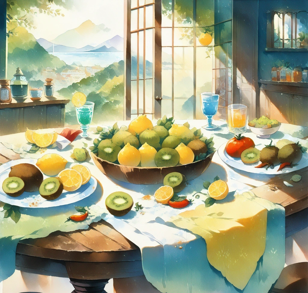 비타민 C 정맥 주사 IVC 항암 치료 부작용 완화와 면역력 증진 임상적 접근 - 신선한 레몬, 키위, 파프리카가 어우러진 감각적인 테이블 세팅과 따뜻한 햇살이 비치는 주방 전경
