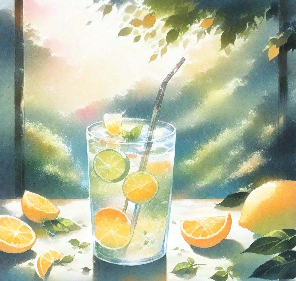 세련된 투명 유리잔에 담긴 레몬빛 비타민 C 수용액과 친환경 스테인리스 빨대, 주변에 배치된 신선한 과일 슬라이스 비타민 C 파우더 분말형 섭취 시 치아 에나멜 부식 예방을 위한 빨대 사용 알고리즘 - 세련된 투명 유리잔에 담긴 레몬빛 비타민 C 수용액과 친환경 스테인리스 빨대, 주변에 배치된 신선한 과일 슬라이스