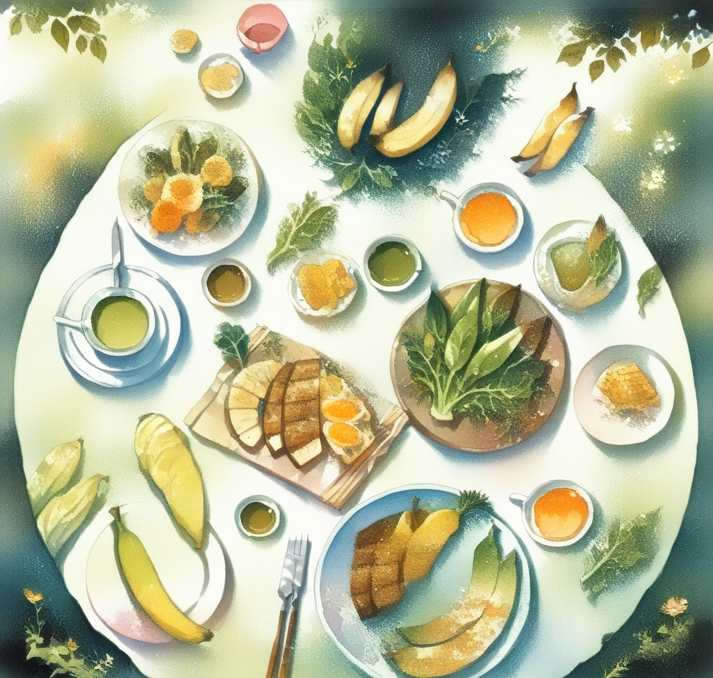 가르시니아 카테킨 바나바잎 성분 충돌 없이 하루 안에 완벽하게 분배하는 시간표 - 신선한 녹색 채소, 구운 바나나, 녹차 잎이 어우러진 감각적이고 신선한 브런치 테이블 풍경