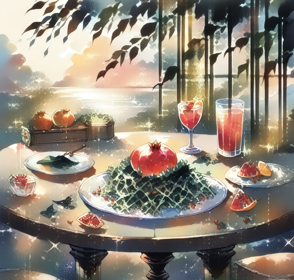 A high-end lifestyle photography showcasing a beautifully arranged table with a fresh seaweed salad topped with pomegranate seeds and a glass of sparkling water, highlighting the natural sources of Xanthigen ingredients in a gourmet setting. 수면 다이어트 기초대사량을 높이는 잔티젠 미역 등 복합추출물 효능 데이터 - A high-end lifestyle photography showcasing a beautifully arranged table with a fresh seaweed salad topped with pomegranate seeds and a glass of sparkling water, highlighting the natural sources of Xanthigen ingredients in a gourmet setting.