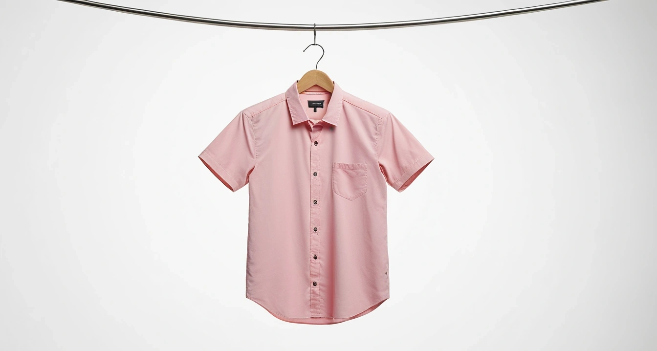 오키나와<br>- 필수 여행 준비물 10가지 체크리스트 (pure product photography of a premium travel shirt neatly hanging on a metal hanger, strictly no human body)