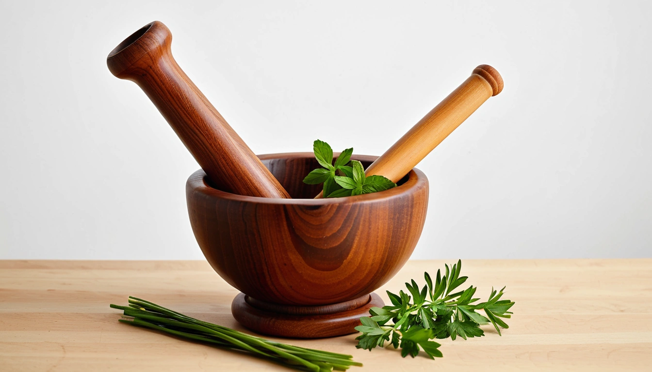 9 a wooden mortar and pestle w 2 1