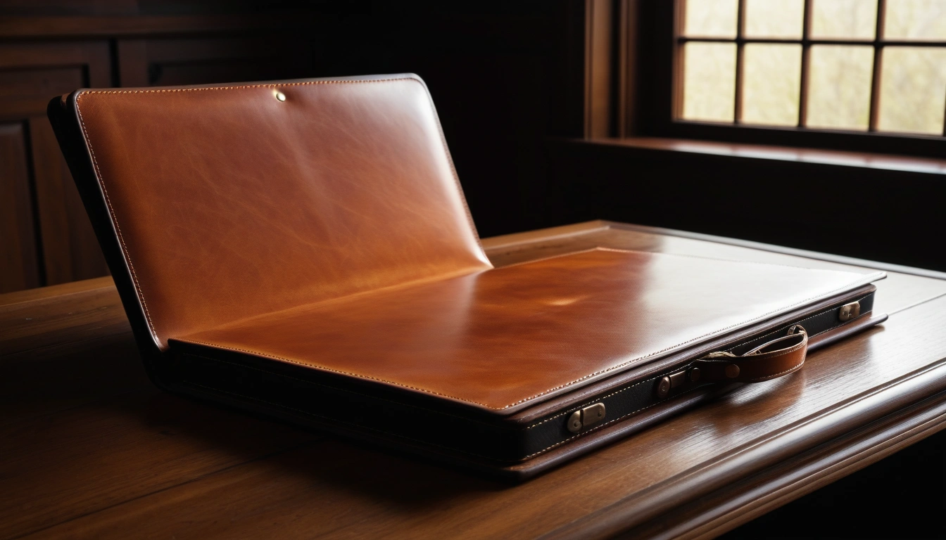 redevelopmen leather portfolio resting on 2